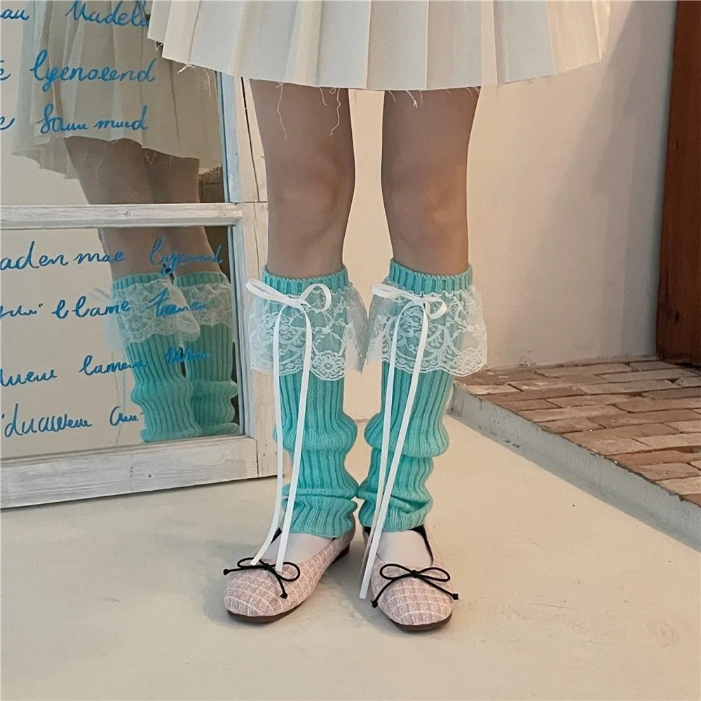 Stockings Lolita Leg Warmers JK Lace Bow Long Socks Knitted Autumn Winter Leg Sleeve Preppy Style