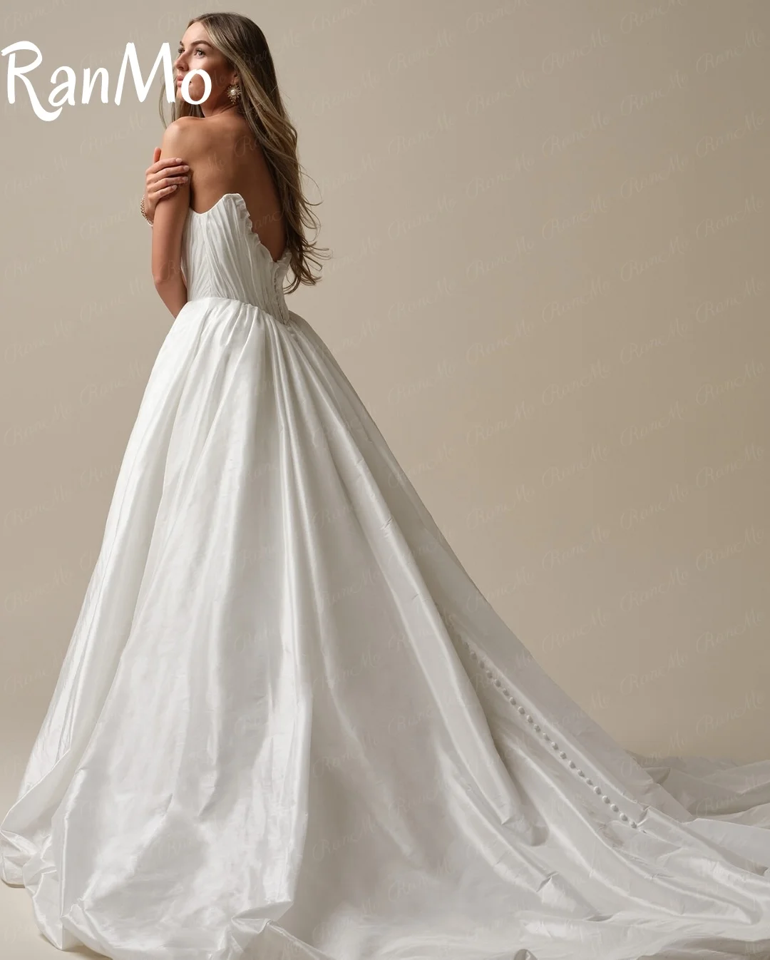 Ranmo по индивидуальному заказу, новинка 2025, тафта, трапециевидное свадебное платье, плиссированное свадебное платье, элегантное свадебное платье с разрезом и длинным шлейфом сзади, пуговицы, платье de novia