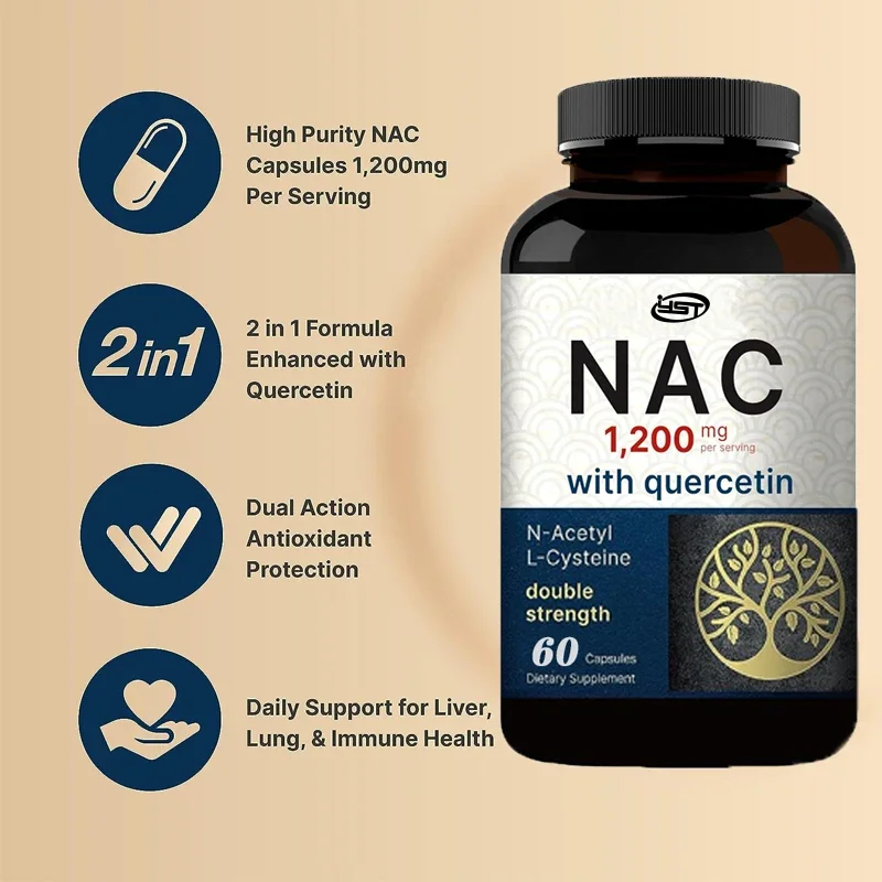 NAC supplement 1200mg 60 capsules, N-acetylcysteine containing quercetin dual strength - supports immune, liver, and lung health