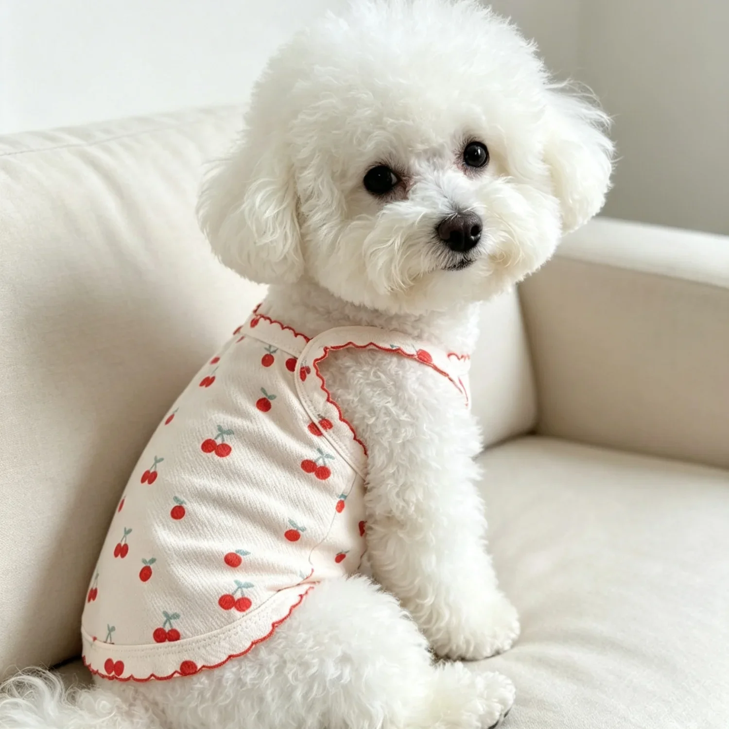 Sommerweste für kleine Hunde, niedliches Kirschmuster, Haustierkleidung, atmungsaktives ärmelloses Welpenshirt aus Baumwolle für Bichon Teddy Cat – Detail 10