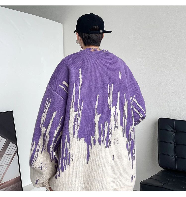 Purple sweater man Ripped Punk Knitted Sweaters Men Oversized Harajuku Streetwear Sweaters Winter Couples Fashion Knit Pullovers