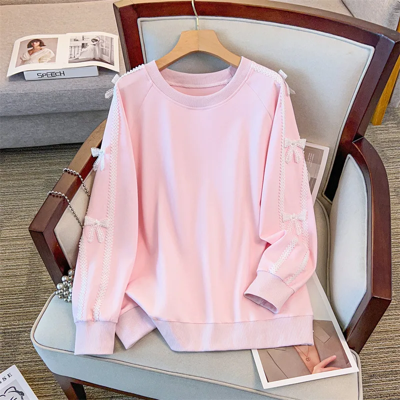 Picture 3: 175Kg Plus Size Women's Bust 170 Autumn Loose Round Neck Long Sleeved Lace Bow Sweatshirt Black Pink 4XL 5XL 6XL 7XL 8XL 9XL