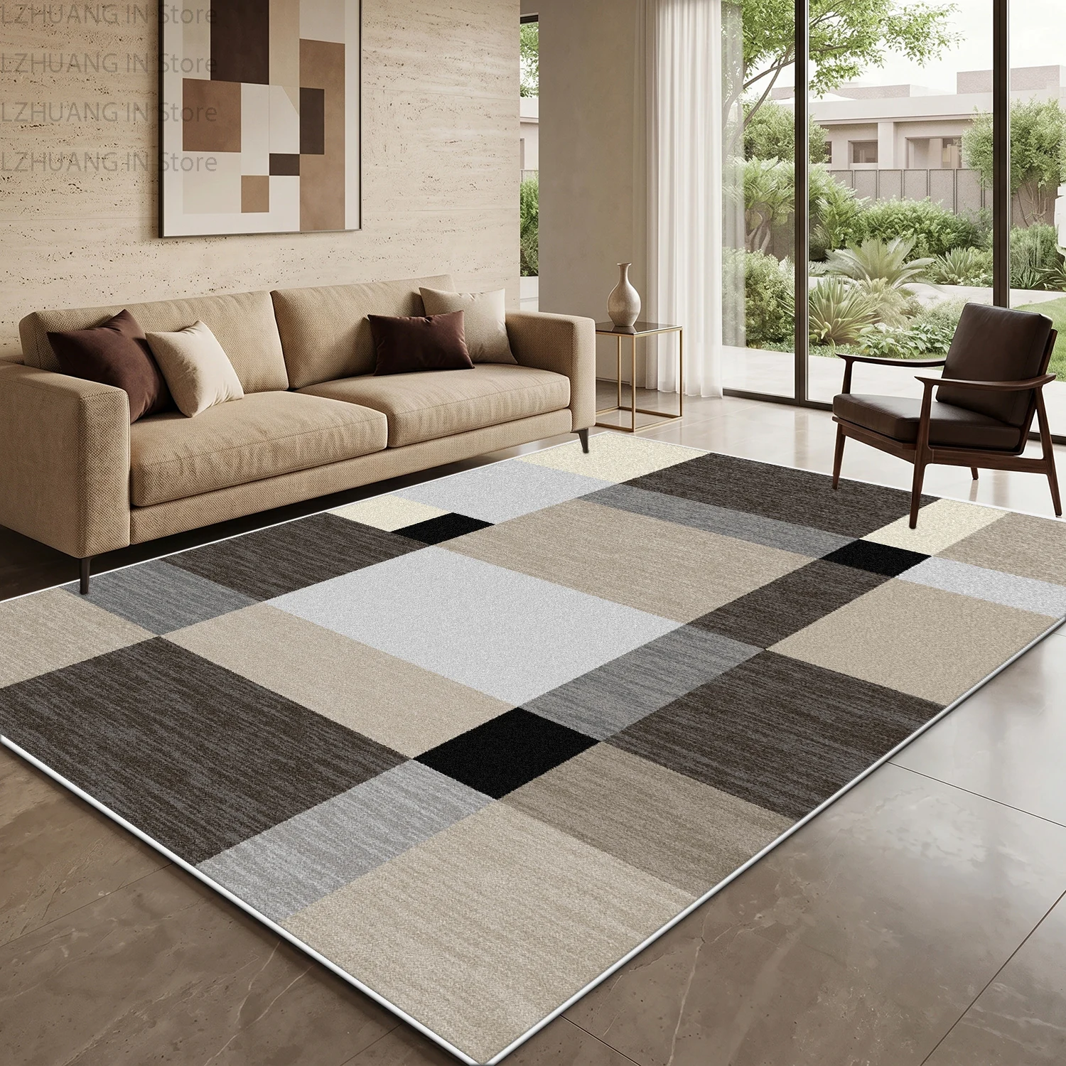 Minimalist Geometric Color Blocking Style Fluffy Rug Large Area Non-slip Short Velvet Carpet Decoration Home Easy Clean Foot Mat