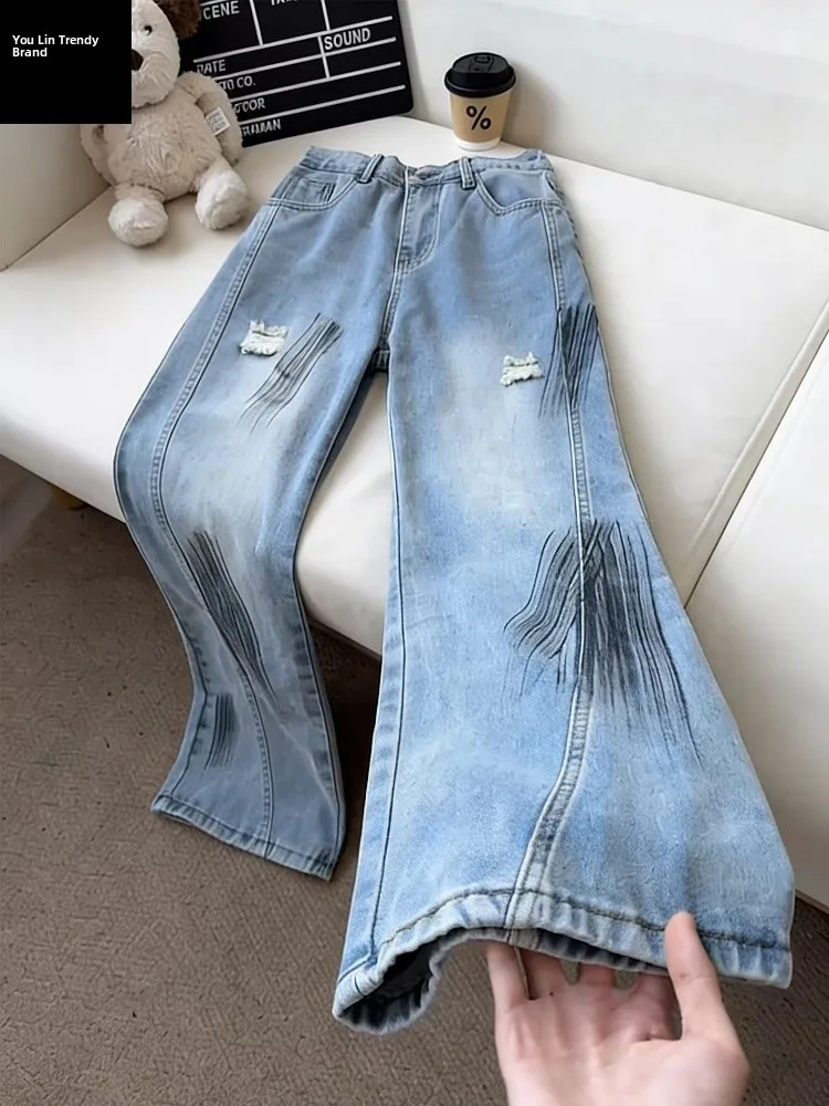 

Light Blue Splaed Ink Ripped Denim Jeans Men's Winter American Slant Cut Knife Pants Straight Leg Micro Flared Cleanfit Jeans