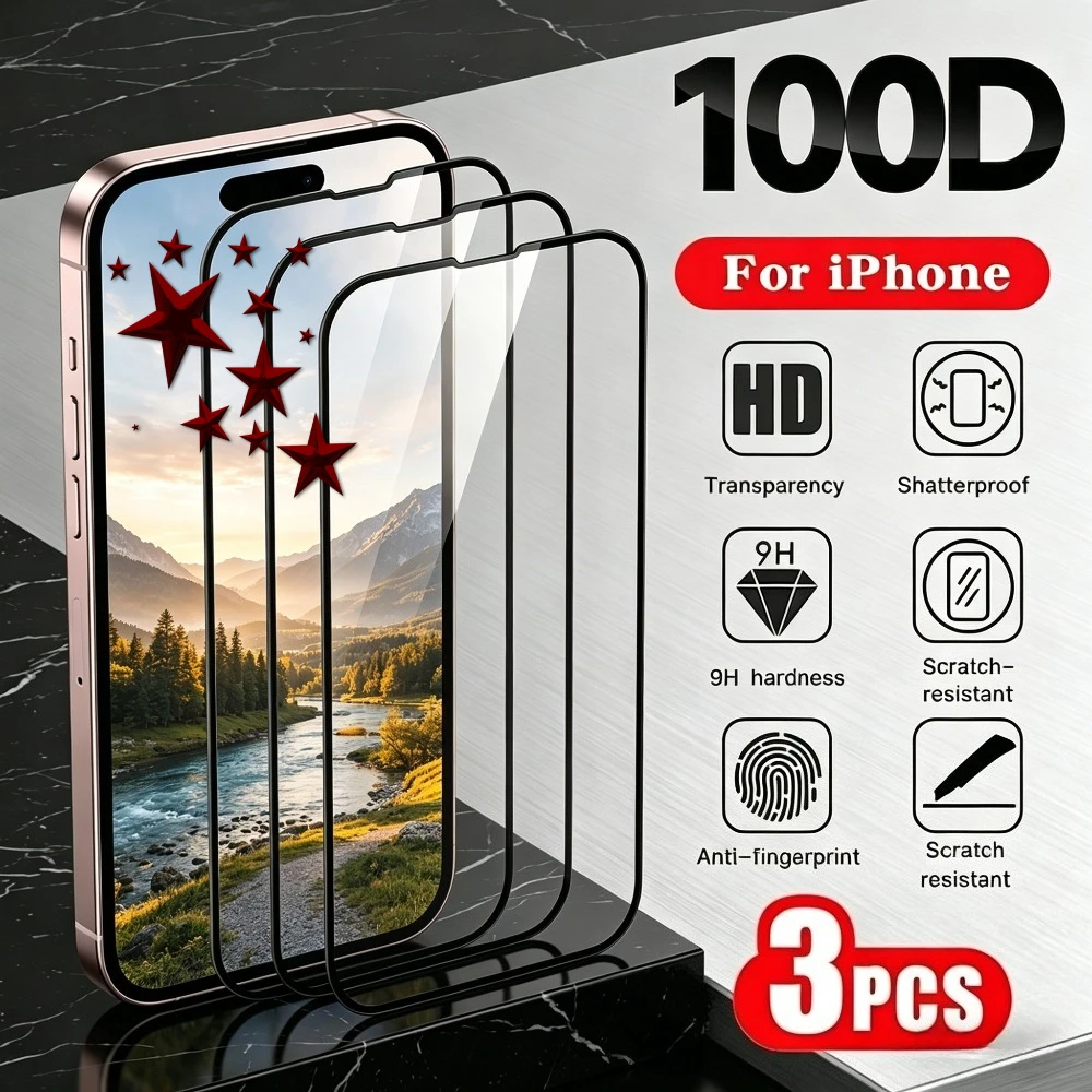 

3Pcs Full Coverage Tempered Glass for iPhone 17 16 15 14 Pro Max Air 16e 17e Screen Protector for iPhone 15 14 Plus 13 12 11 Pro