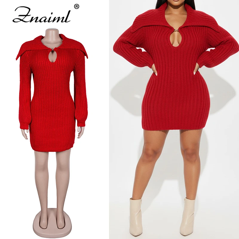 Znaiml outono inverno de lã vermelho mini vestido gola grande lanterna manga oco para fora de malha para mulheres elegantes vestidos de baile de aniversário
