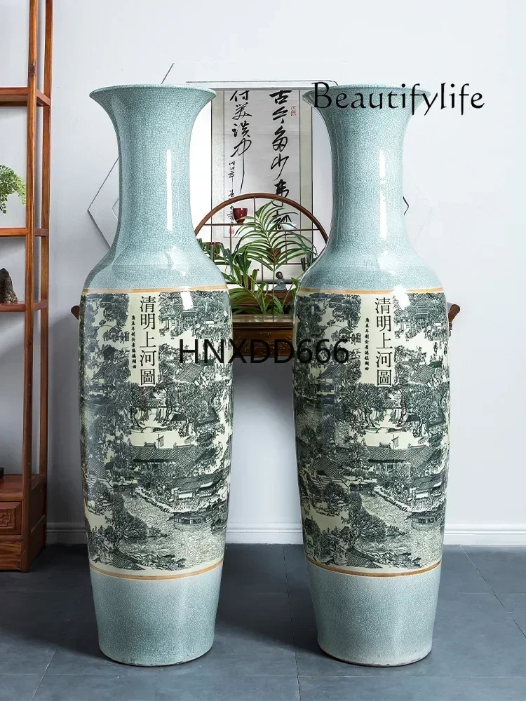 Ceramic Antique Crack Qingming River Map Large Vase Decoration Living Room Floor Decoration Large