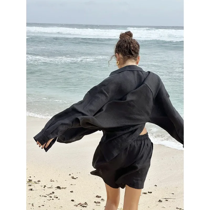 Pure Cotton Cardigan, Solid-color Casual Set for Women To Wear Outside in Autumn  Long-sleeved Shirt and Short-sleeved Shirt Set