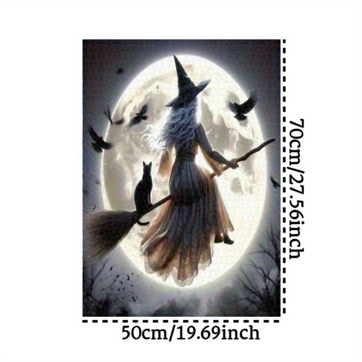 1000 piezas Bruja en palo de escoba, gato negro y corvos bajo la luna llena - Rompecabezas gótico de Halloween para adultos y familias - Rompecabezas grande