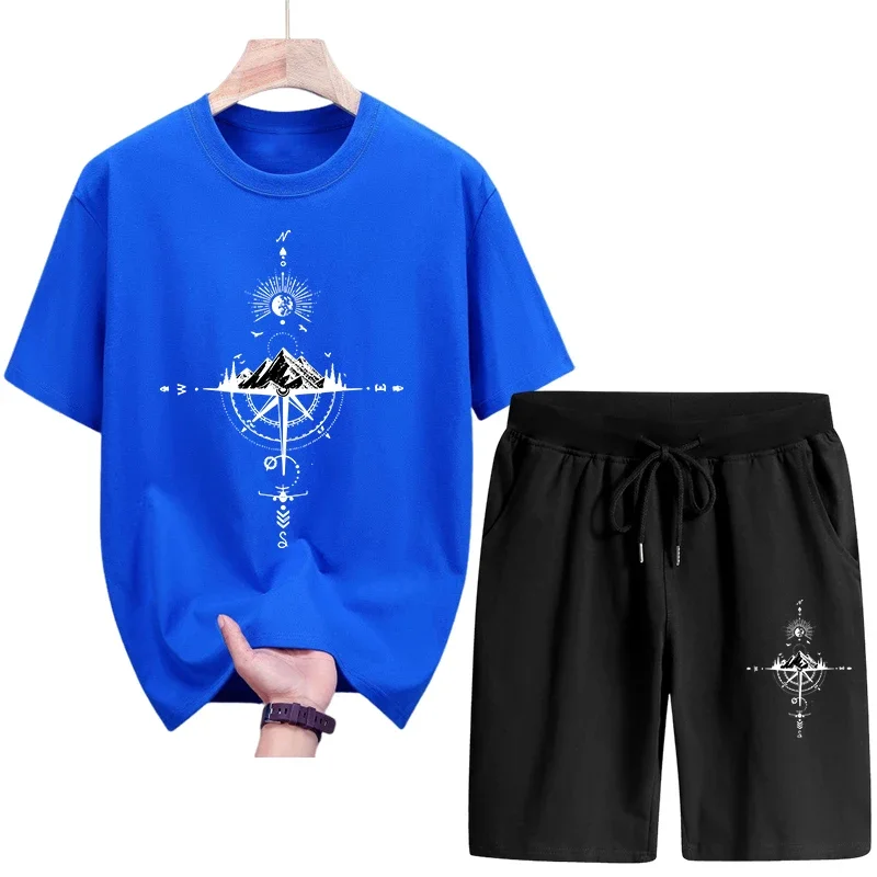 

Мужской повседневный костюм: летний комплект 2026 года, качественная модная футболка с коротким рукавом из чистого хлопка и спортивные брюки-шорты (пятипятники) – мужской спортивный костюм