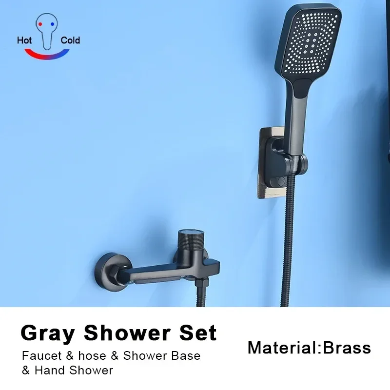 

Gray Waterfall Bathtub Faucet With Hand Shower Brass Wall Mounted Bathroom Shower Mixer Tap Full Shower system Set Douche