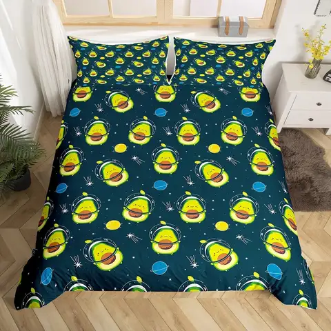 Copripiumino per astronauta per bambini Twin, copripiumino con avocado dei cartoni animati Set di biancheria da letto con cielo stellato e galassia Set di letti con frutta tropicale con stella cosmica