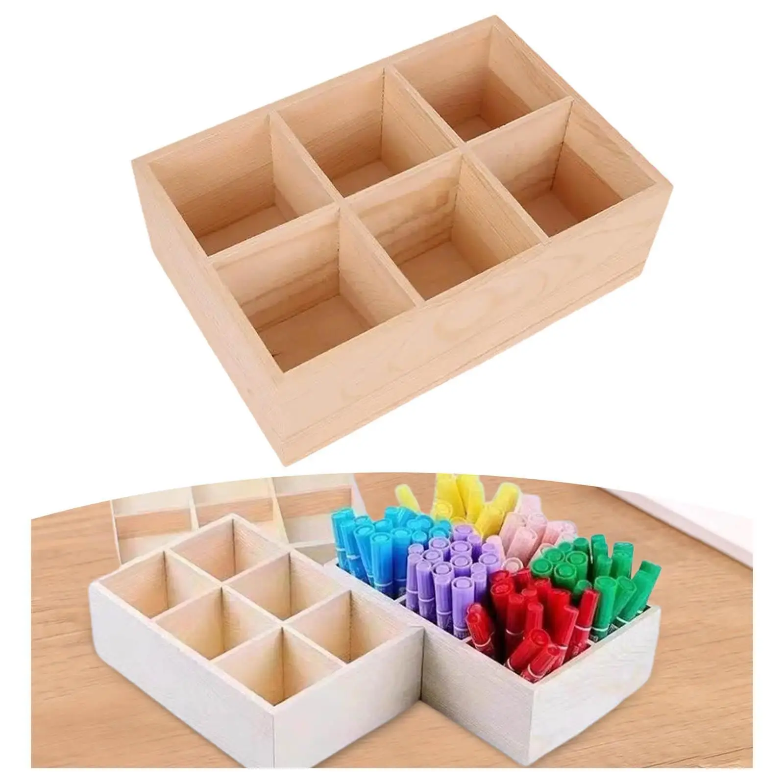 Wooden Pencil Holder 6 Grid Marker Pen Organizer for Desktop Home Studio
