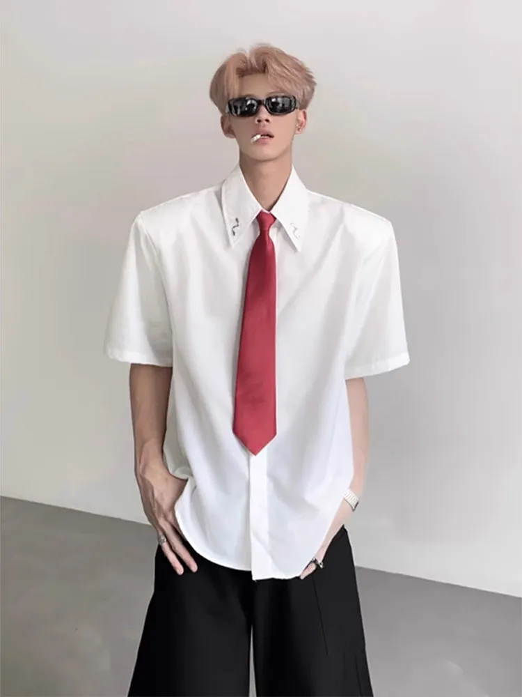 White Padded Shoulder Shirt Short Sleeve Men Handsome Summer High-End Tie Design Half Sleeve Shirt Jacket Casual Loose Fit