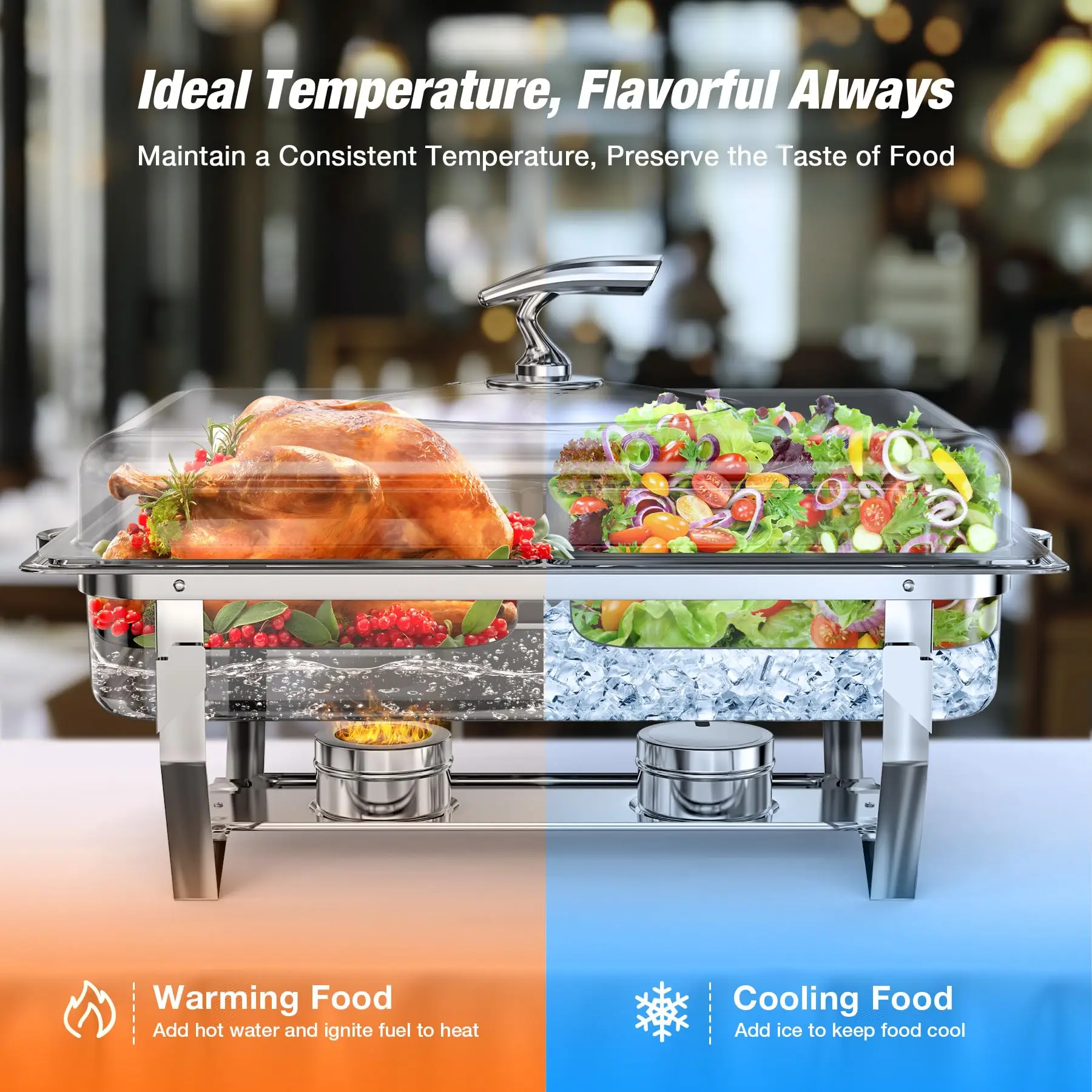 Juego de platos para frotar de 8 cuartos, paquete de 4, juego de calentador de alimentos de acero inoxidable con tapa de vidrio plegable, sartén de agua de tamaño completo