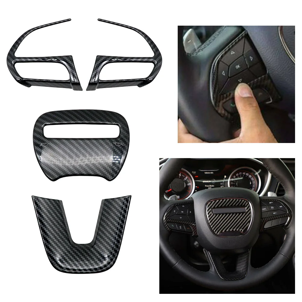 4x Car Steering wheel cover trims For Dodge Challenger 2015 2016 2017 2018 2019 Carbon Fiber Pattern ABS