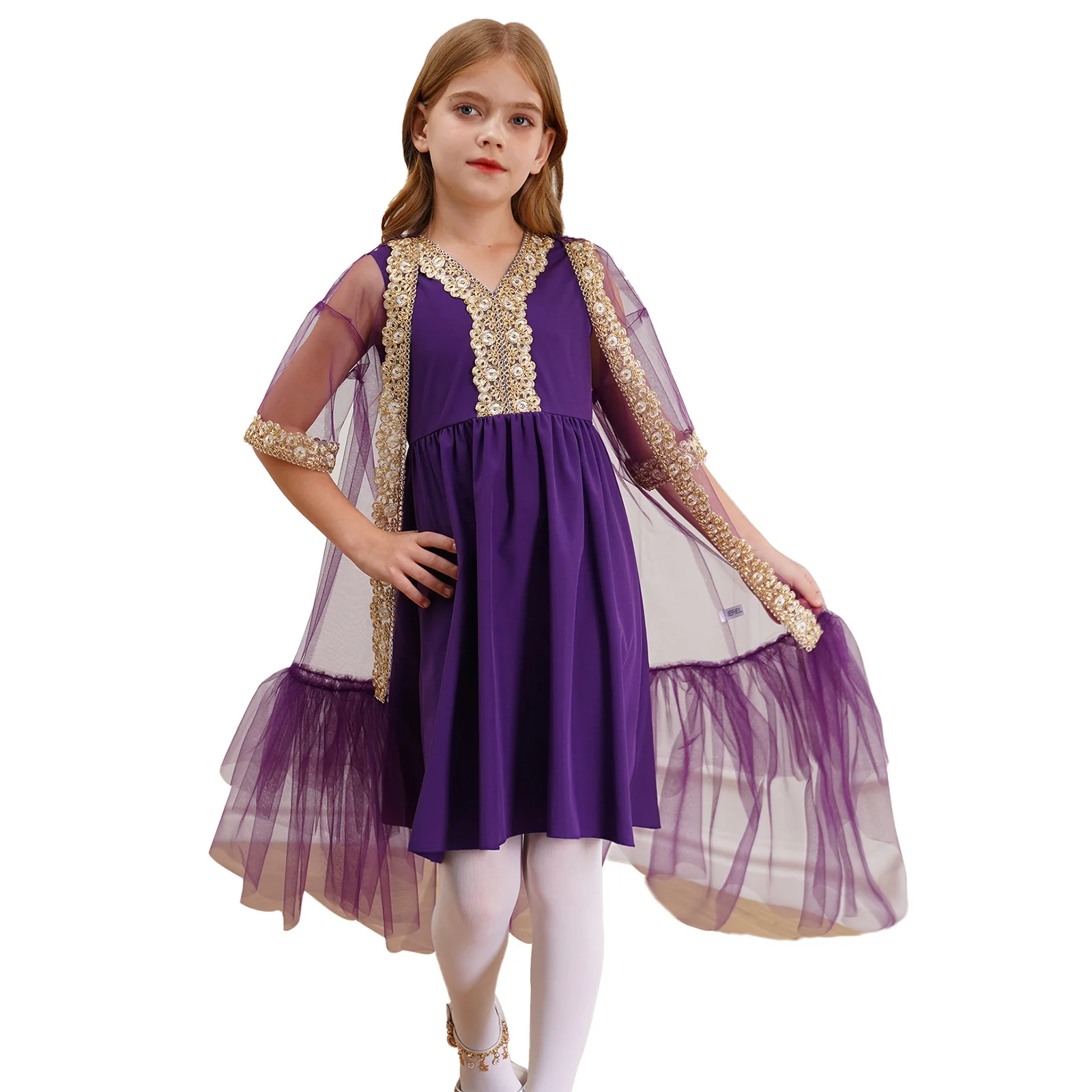 Kids Girl Glittery Embroidered Applique Trim Tulle Cloak Elegant Short Sleeve Open Front Ruffled Dress for Wedding Party Banquet