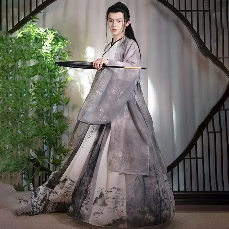 

Large Size 2XL Hanfu Men Chinese Traditional Printed Hanfu Male Halloween Carnival Cosplay Costume Gray Hanfu Shirt+Skirt+Coat