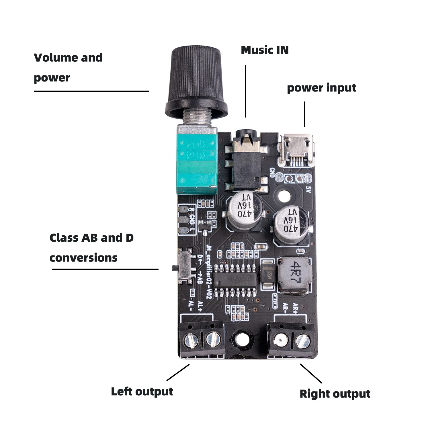 Dual Channel Digital Amplificador Board, Módulo Amplificador de Áudio, DC 5V, Classe D, Ajuste de Volume, B, 5W x 2