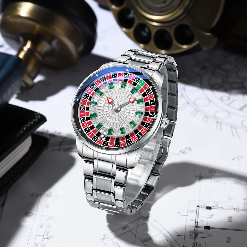 CHENXI New Men's Quartz Watch Unique Casino Roulette Watch Water-Resistant Men's Quartz Wristwatch Trendy Revolving Dial Watch