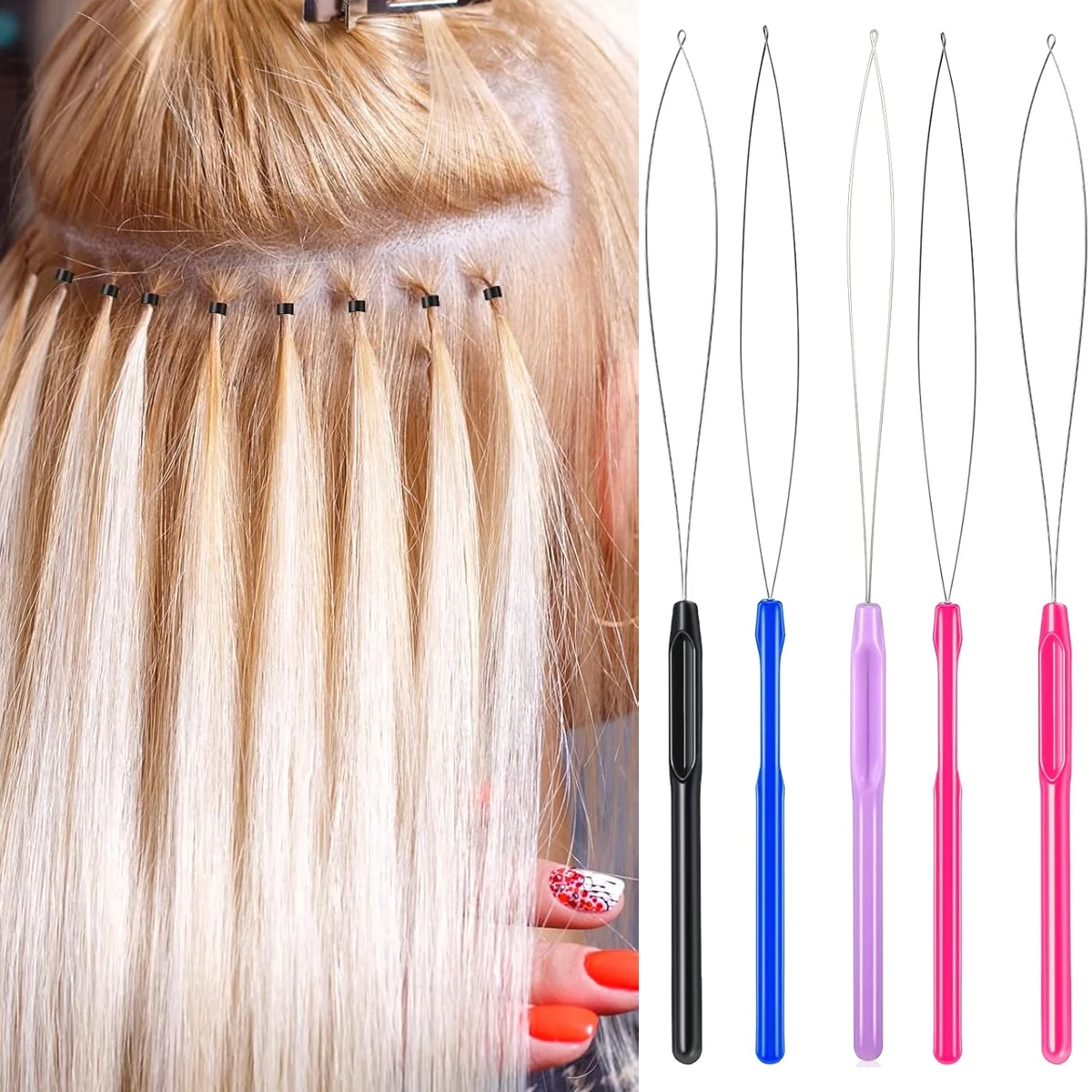 

5Pcs Random Color Micro Rings Hair Extensions Tool Plastic Handle Loop Needle and Iron Wire for Salon Barber Supplies