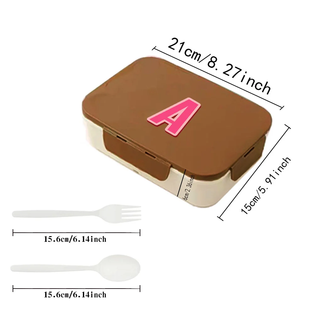 Portable Clamshell Compartmented Lunch Box Equipped with Cutlery Brown Gridded Bento Box Easy to Clean