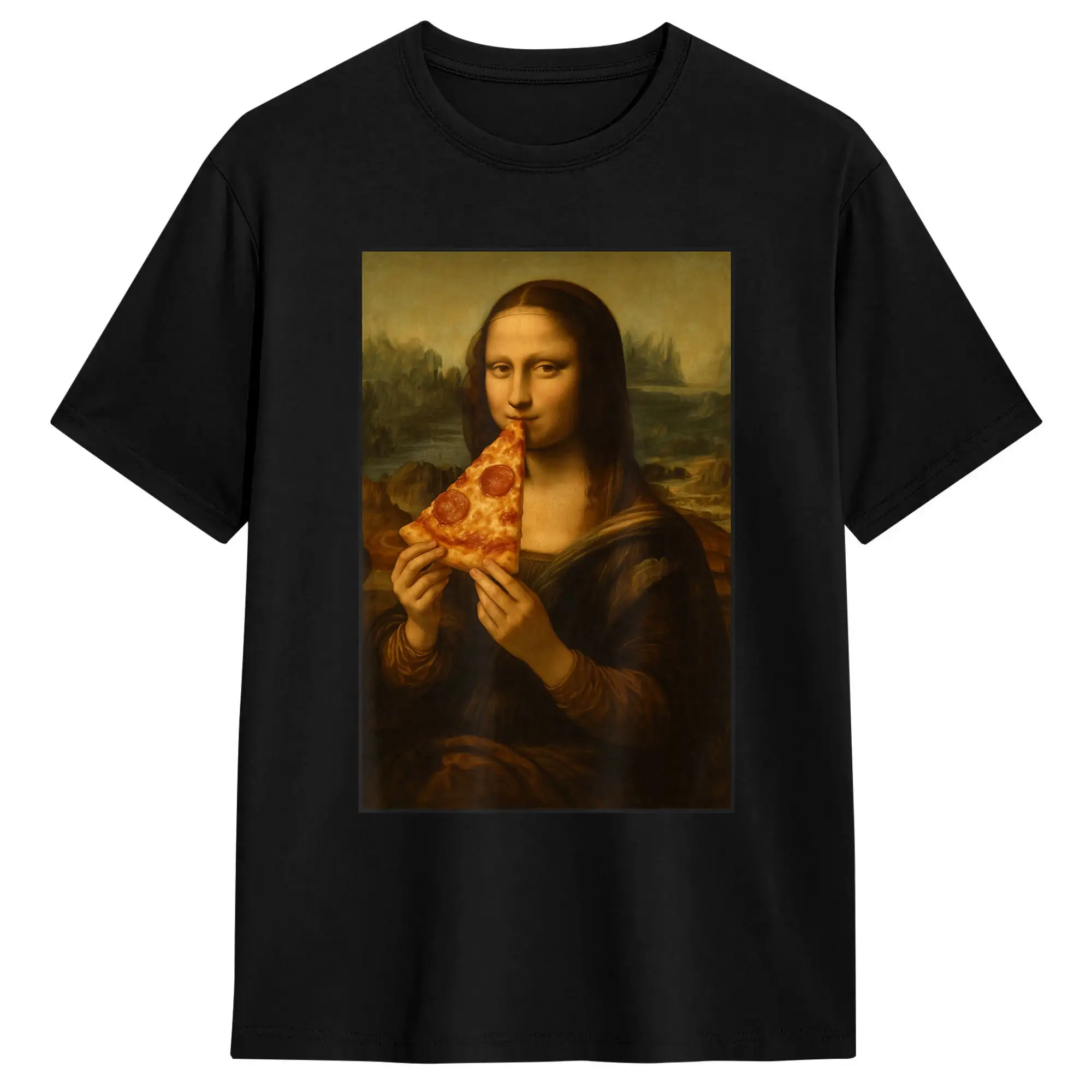 Casual Mona Lisa Eating Pizza Funny Classic Art Pizza Foodie Mashup T-Shirts Men O Neck Cotton T Shirt Short Sleeve Tees