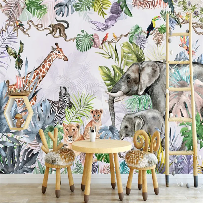 Custom Cartoon Watercolor Tropical Animal Wallpaper for Children's Room Bedroom Living Room Decoration Self Adhesive Wall Paper