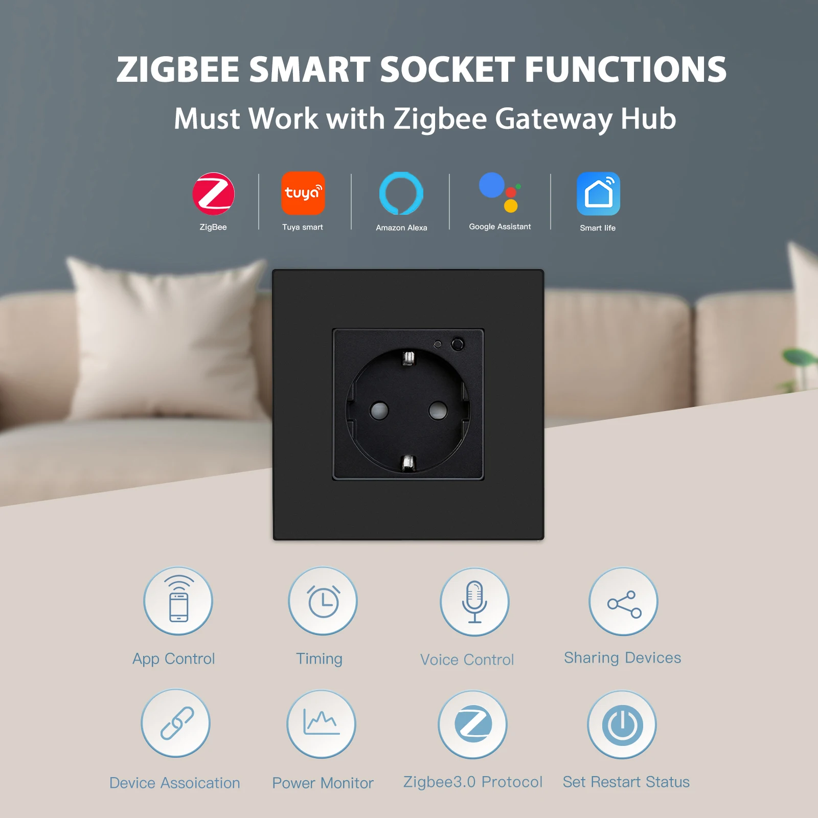 BSEED Zigbee Single EU Wall Socket Double Smart Power Sockets Triple Electric Outlets Power Monitor Tuya Smat Life Plastic Frame