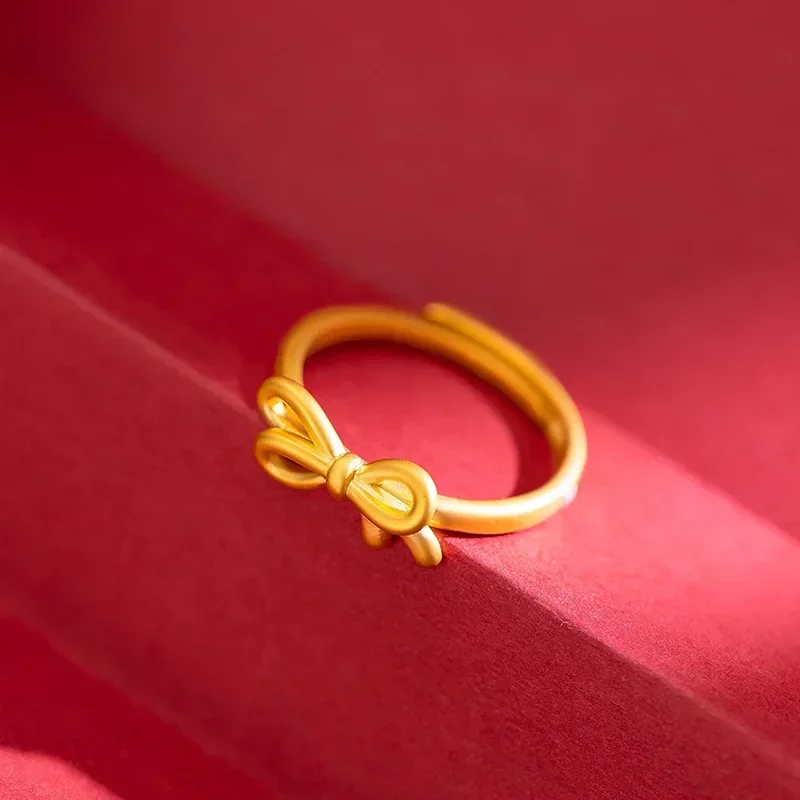 

9999 Real Gold 24K Fashion Sweet Gold Edition Bow Women's Ring Korean Edition Student Fashion Cute Love Tie Live Ring Women