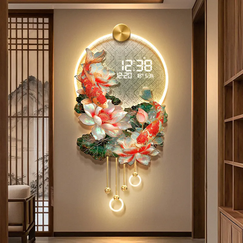 Clock Hanging Painting Enamel Koi Carp Living Room TV Grille Decorative Pendant Lotus Calendar New Electronic LED Lights