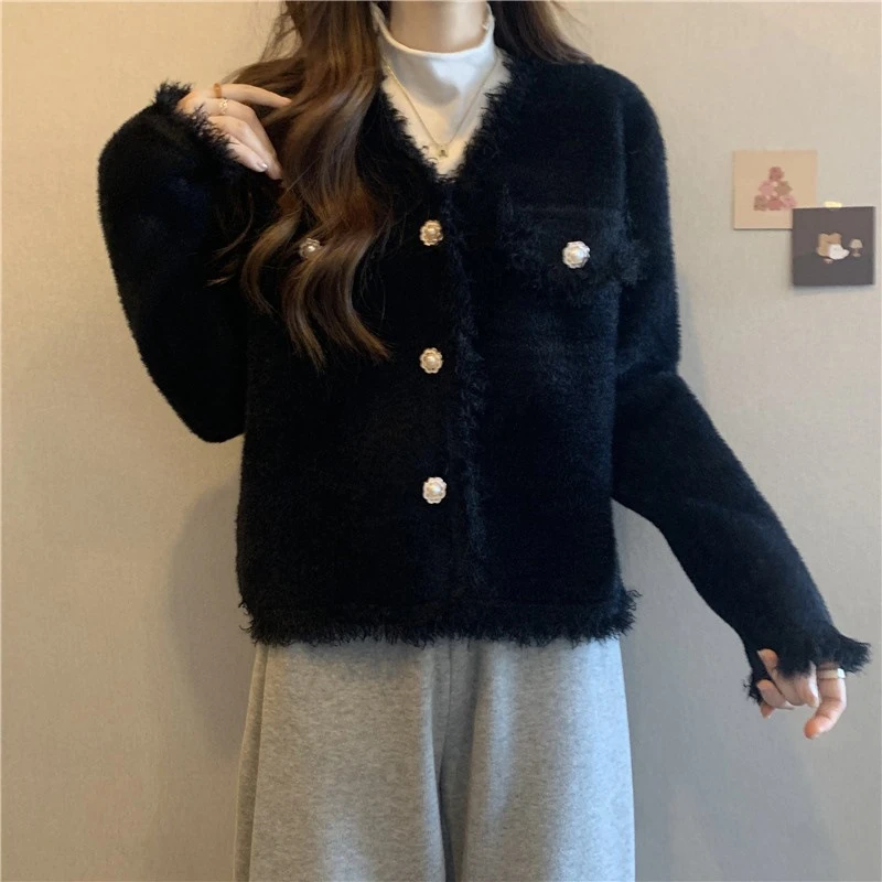 

Black White Sweater Cardigans Imitate Mink Wool Knitted Cardigan Tops Women V Neck Sweater Korean Long Sleeve Elegance OL Tops