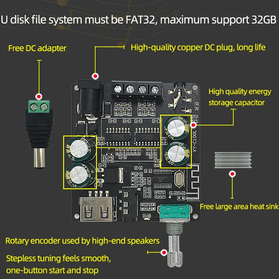 2*100W Bluetooth 5.0 Digital Power Amplifier Board  AUX Speaker 2.0 CH Stereo Home Music Wireless Module Audio AMP