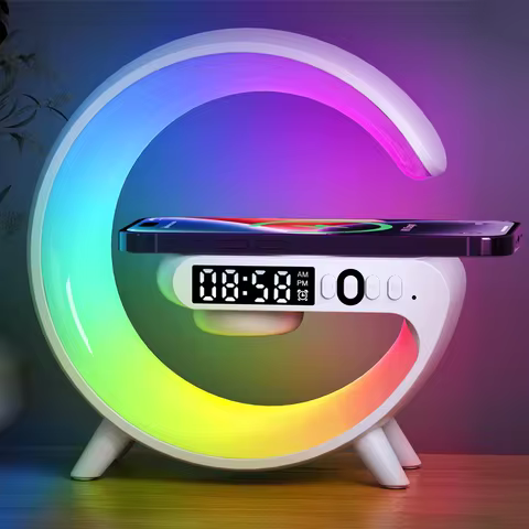 Carregador sem fio multifuncional com luz RGB, despertador e alto-falante para iPhone, Samsung, Xiaomi, mini estação de carregamento rápido.