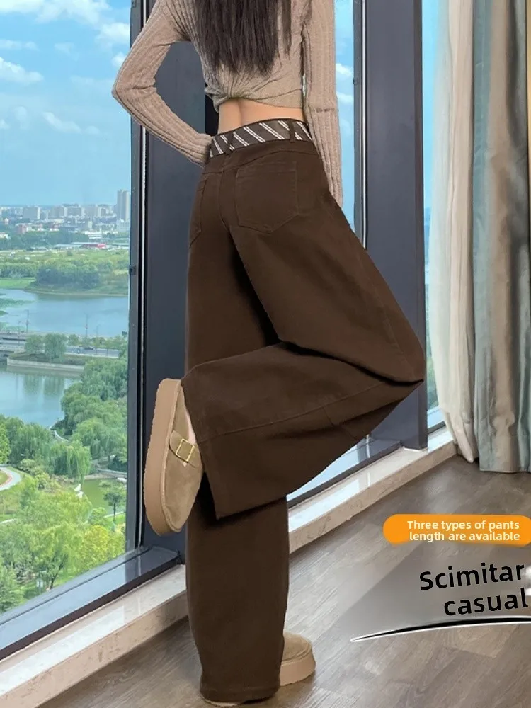 Pantaloni da lavoro casual Cé Brown Pantaloni da donna autunno inverno a gamba larga a gamba dritta Pantaloni drappeggiati americani a vita alta con dettaglio ket
