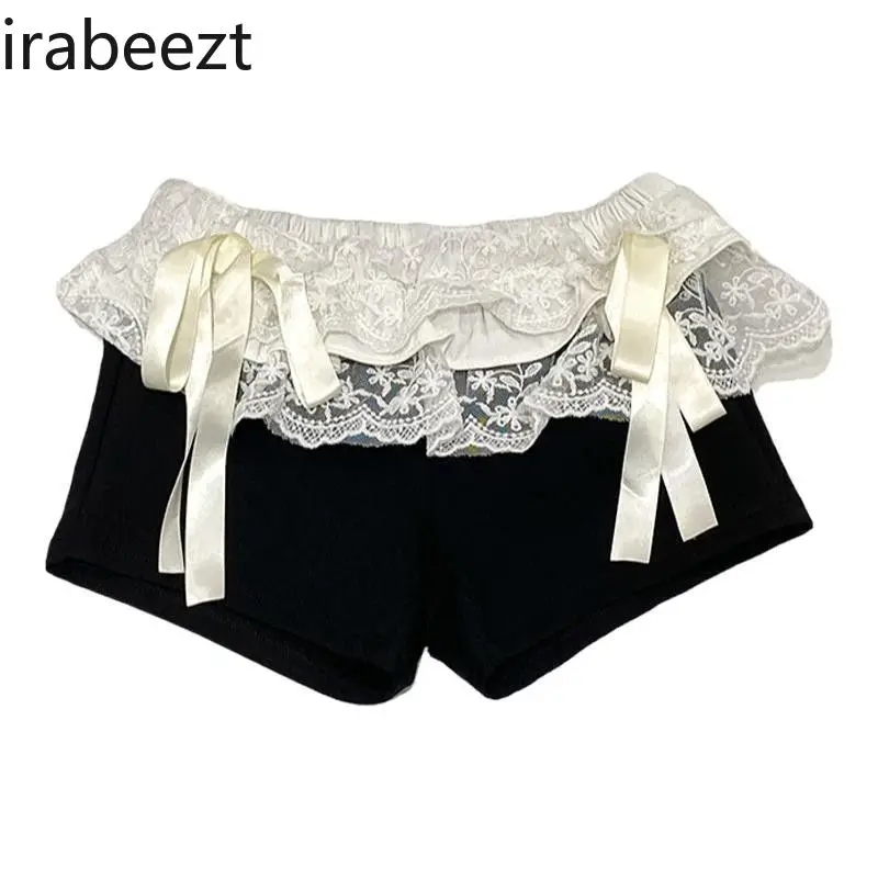 Meisjes Samengesplitste Korte Broek Met Flens Van Kant, Lage Taille Dames 2024 Zomer Pendelen All-A-Line Wijde Pijpen Hotpants Dameskleding