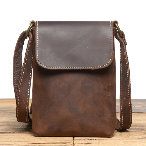 Bolsos cruzados Retro de cuero genuino para hombre, bolso organizador de llaves de teléfono, cartera, bolso de hombro con hebilla magnética