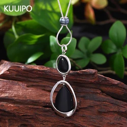 Fashion Silver Color Geometric Black Stone Pendant Necklace for Women Accessories Trendy Long Necklaces Daily Party Jewelry Gift