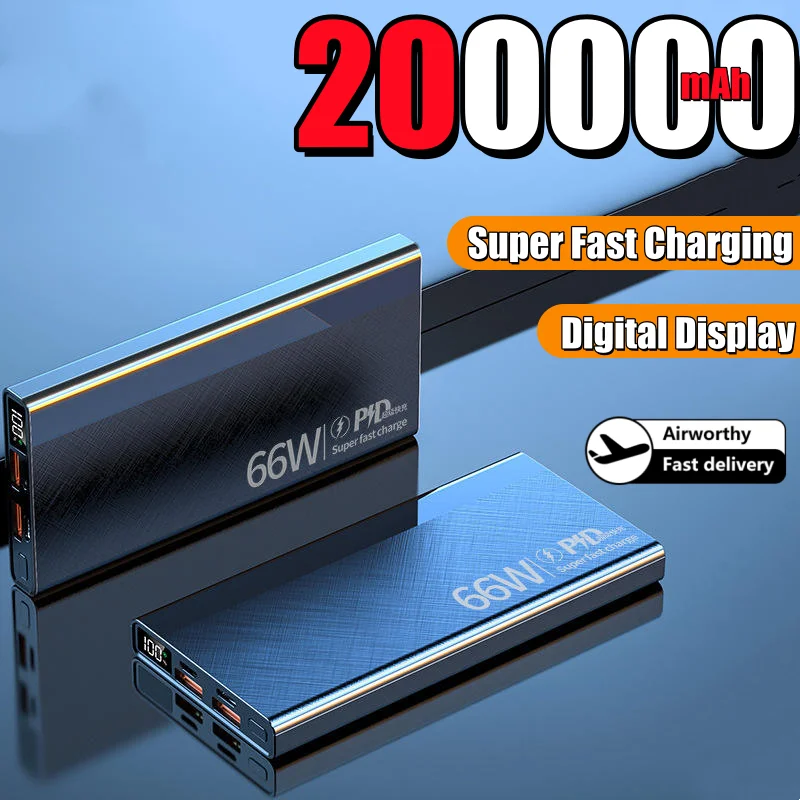 

200000 мАч Power Bank большой емкости PD66W Сверхбыстрая зарядка с цифровым дисплеем для iPhone Samsung Huawei 2026 НОВИНКА