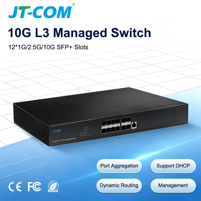 12 Port 10G SFP+ Switch L3 Managed 10000Mbps Ethernet Switch Support VLAN LACP DHCP Port Aggregation 1U Rackmount Network Switch