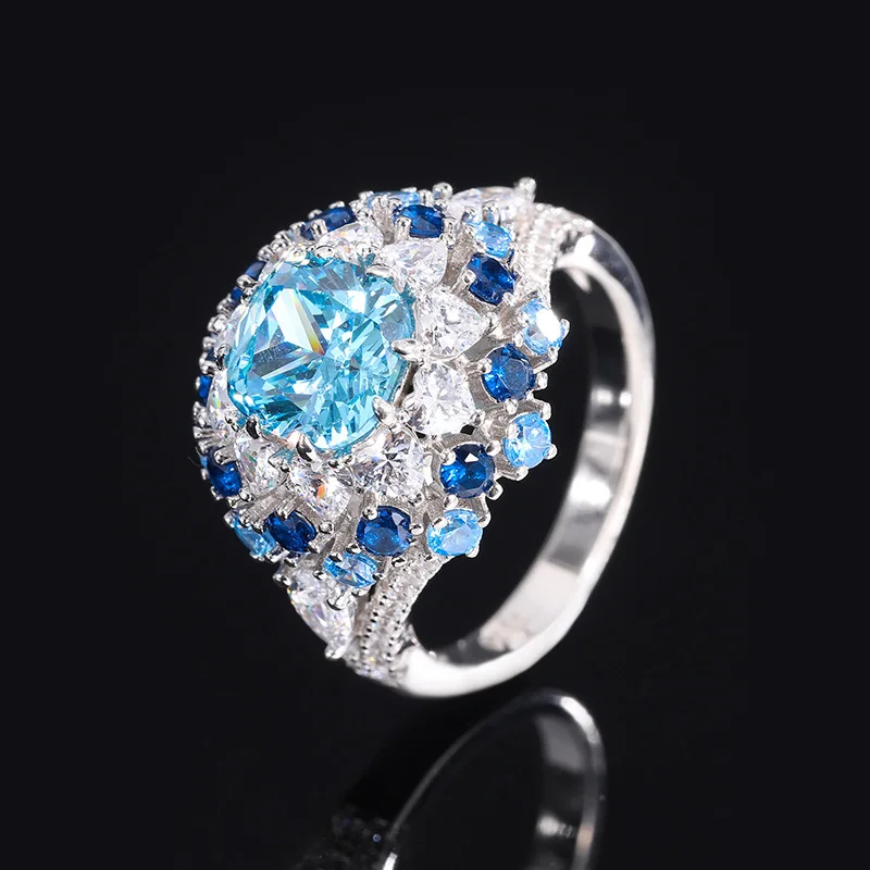 

Tiktok Hot S925 Full Body Silver Sea Blue Treasure Stamen Texture Luxury Jewelry Ring Main Stone 8 * 8