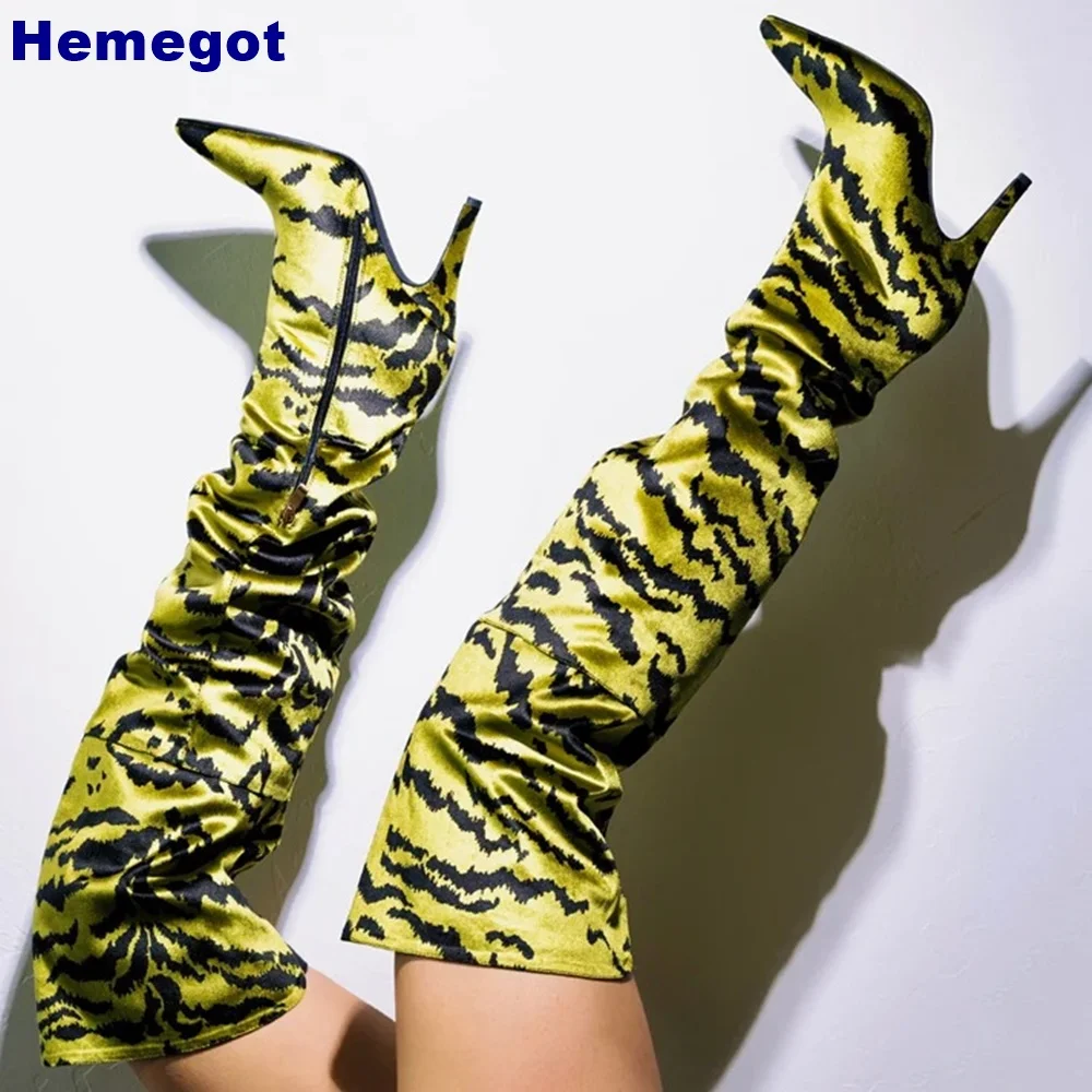 

Pointed Tiger Print Sexy Catwalk Boots In Style Autumn Winter Over-The-Knee Party Street Thin High Heels Green Fashion for Women