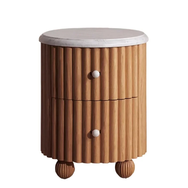 

Round solid wood bedside table, small storage integrated multi-functional antique Internet celebrity small side