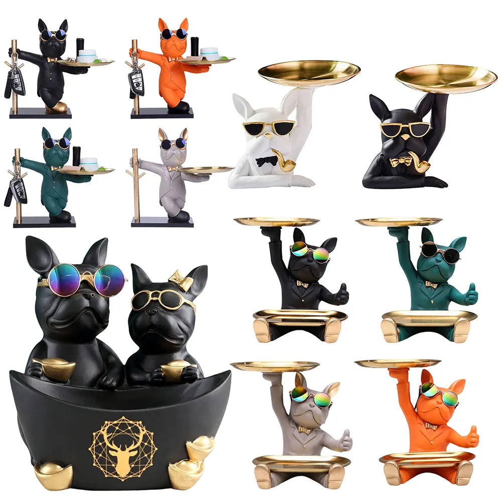 

Bulldog Art Figurines with Pallet Resin Storage Sculpture Entrance Crafts Candy Sundries Household Supplies for Home Living Room