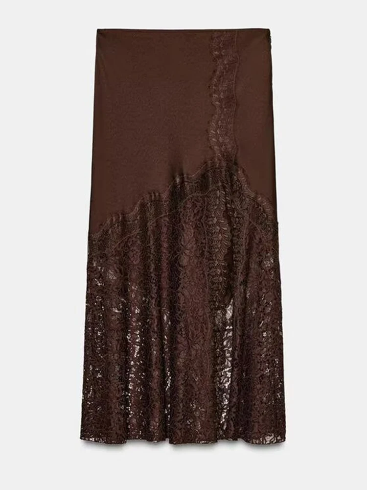 

Коричневые кружевные лоскутные длинные юбки, женские сексуальные однотонные юбки средней длины с завязкой на талии, женские шикарные летние повседневные юбки с разрезом, новинка 2023 г.