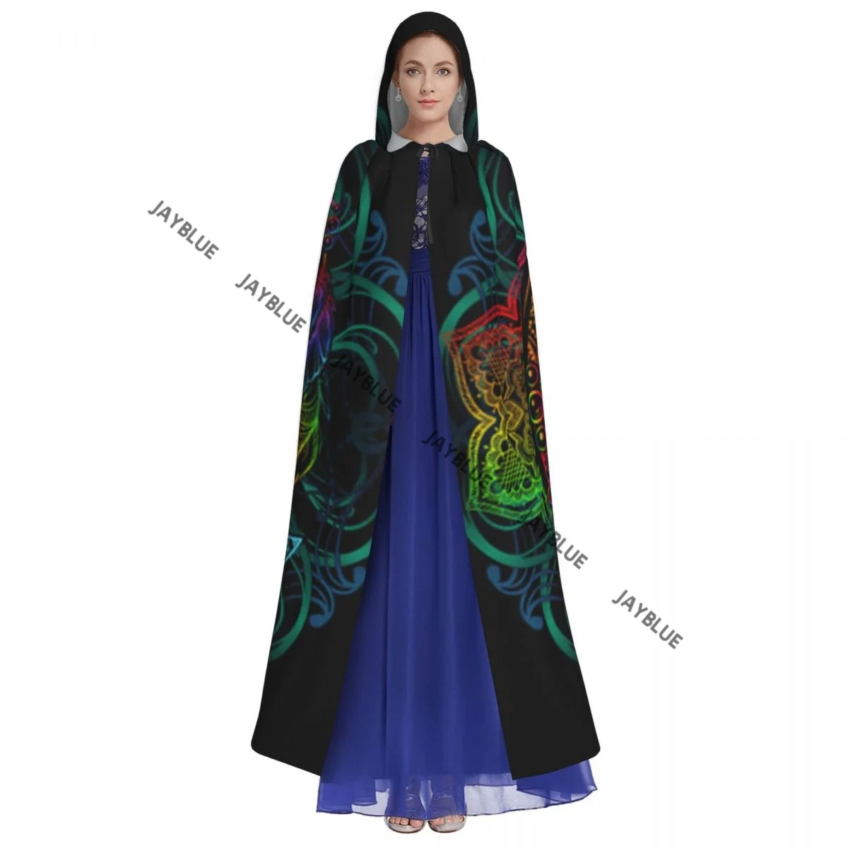 Boho Chic Crescent Moon And Sun Hooded Cloak Polyester Unisex Witch Cape Costume Accessory