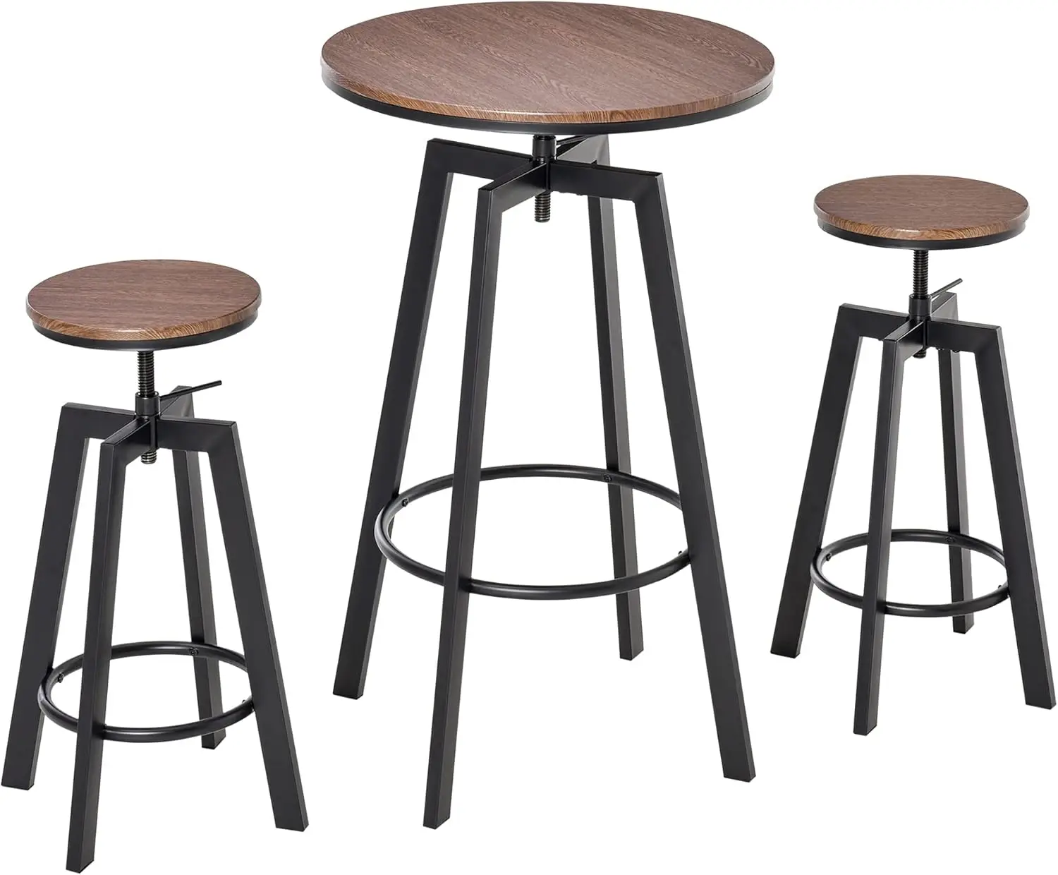 3 Piece Industrial Adjustable Bar Table Set, Bar Height Bistro Table and Swivel Pub Stools