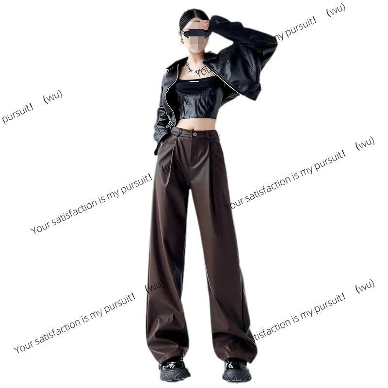 

ZOCI-American Spice Girl Широкие брюки Весна и осень Новые персонализированные модные прямые тонкие брюки из искусственной кожи