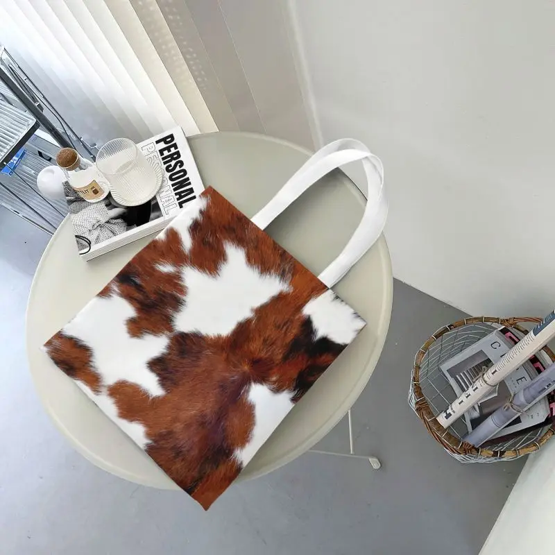 Spotted Brown Farm Animal Skin Grocery Tote Shopping Bags Cow Fur Cowhide Texture Printing Canvas Shoulder Shopper Bag Handbags