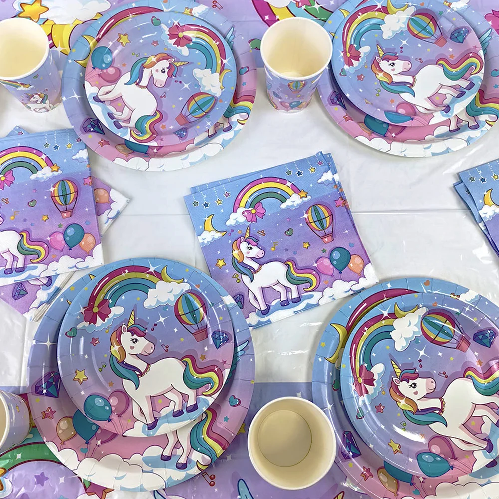 Rainbow Unicor Party Tableware Disposable Plates Tablecloth Nakpins Girls Single Horned Beast Birthday Party Decoration Supplies